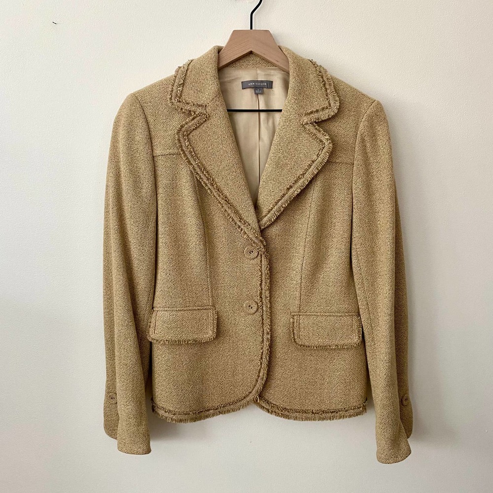 Ann Taylor Camel Tan Tweed Blazer Raw Hem 6